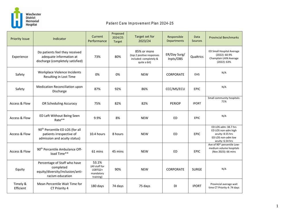 Chart of Patient Care Improvement Plan